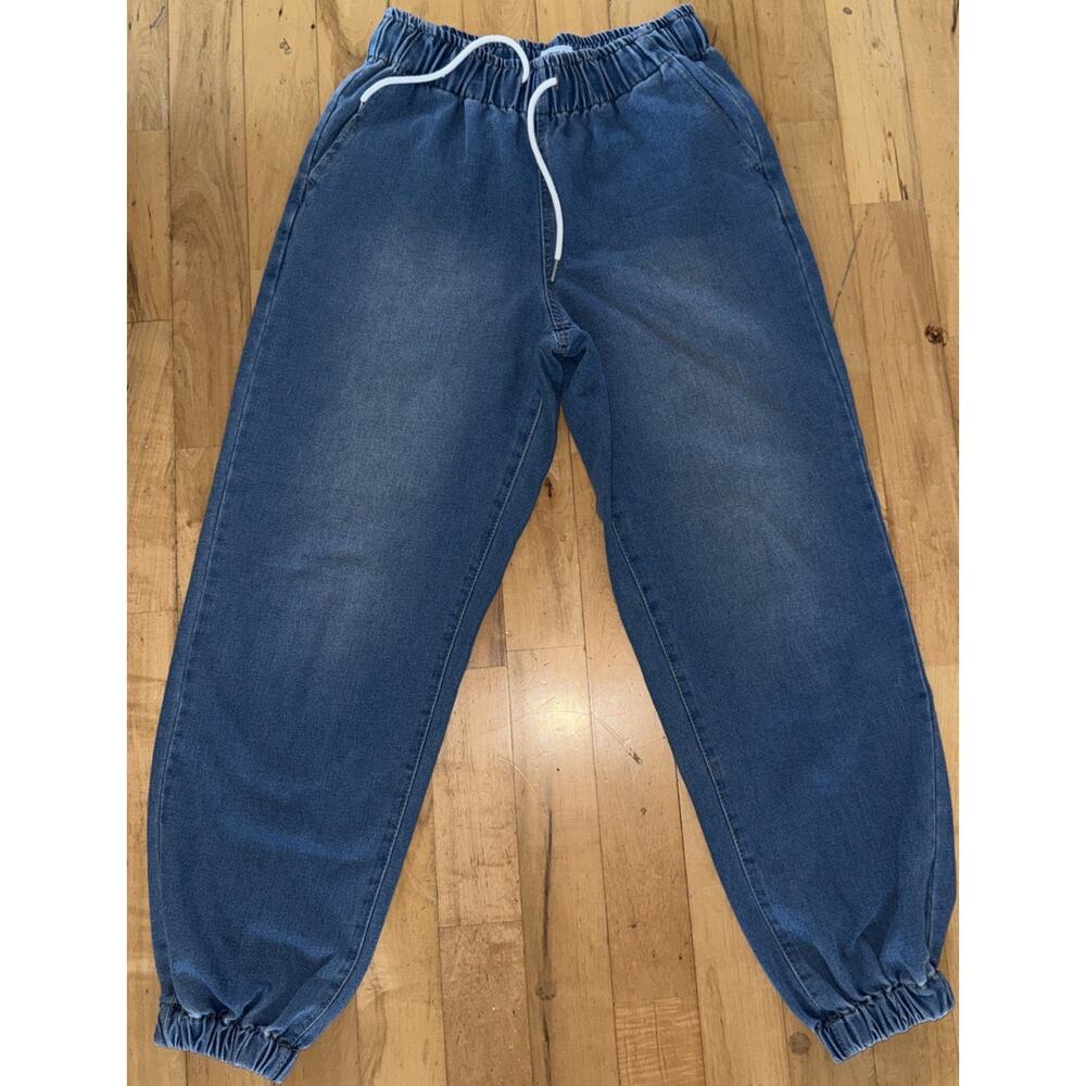 Forever 21 Womens Blue Denim Joggers Elastic Waist Drawstring Jeans Size MEDIUM